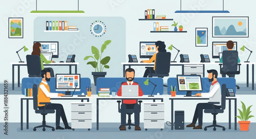 Office workers collaborating on computers in modern workspace with plants and decor