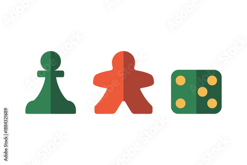 Colorful Board Game Pieces and Dice on White Background for Gaming and Fun Activities