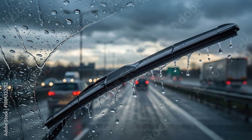 Rainy highway view through windshield with active wiper blades clearing water drops,cars driving under stormy clouds in evening traffic