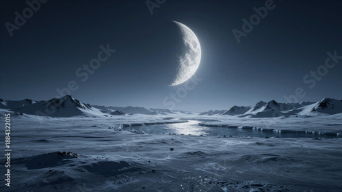 A breathtaking crescent moon illuminates a vast, frozen alien landscape under a dark, starless sky, evoking solitude and cosmic wonder across an icy terrain