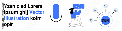 Voice technology, software development, blockchain systems, fintech, decentralized finance, business innovation. Microphone graphic, woman coding decentralized finance diagram. Voice technology