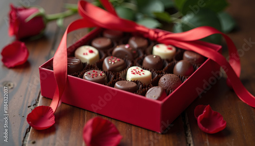 Assorted chocolates in a red gift box with Romantic mood and rose petals for Valentine's Day

