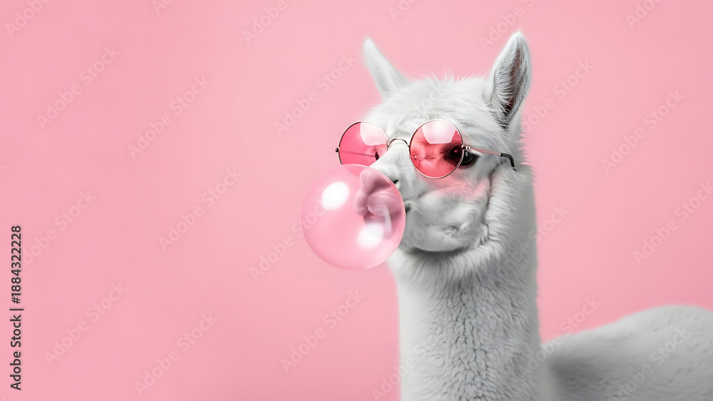 Fototapeta premium Cool Llama in Pink Sunglasses Blowing Bubble Gum on Pastel Pink Background