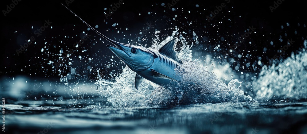 Fototapeta premium Fighting Marlin Caught on Fishing Line
