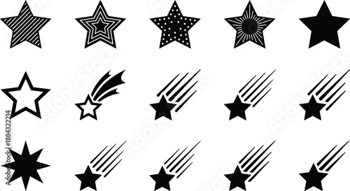 Black star and shooting star icon set, minimalist comet symbols with motion lines, night sky astronomy shapes, isolated vector collection