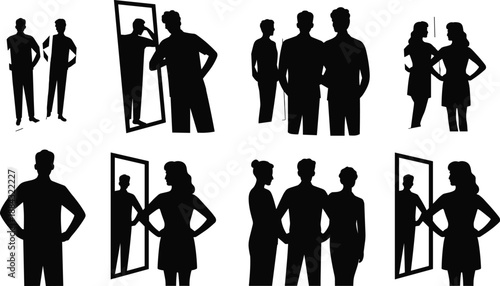 Silhouette collection of people looking in mirrors, men and women posing with reflections, self reflection and identity concept, isolated icons