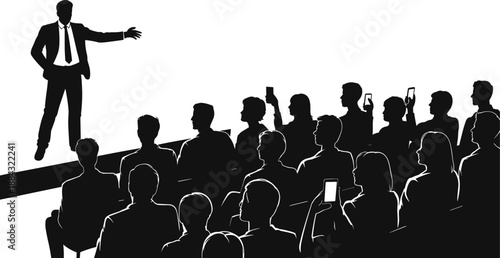 Silhouette of a businessman giving a speech to a large audience at a conference, professional seminar, public speaking, business leadership