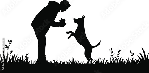 Silhouette of a man training a young dog in a field of grass, bonding with pet, outdoor animal friendship concept