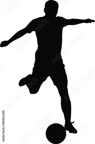 Silhouette of a professional soccer player kicking a ball on white background, athletic man playing football, sports action concept, isolated