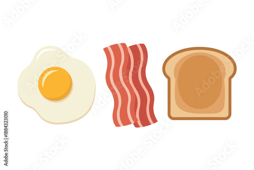 Breakfast Food Icons, Fried Egg, Bacon Strips, and Toast Bread on White Background