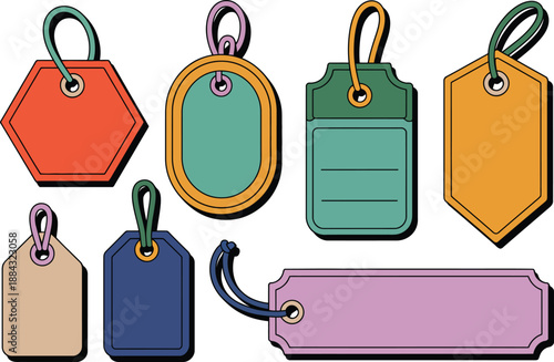Colorful Luggage Tag Set – 7 Unique Label Shapes with Strings for Travel, Organization, School, Kids & Printable Vector Design Use