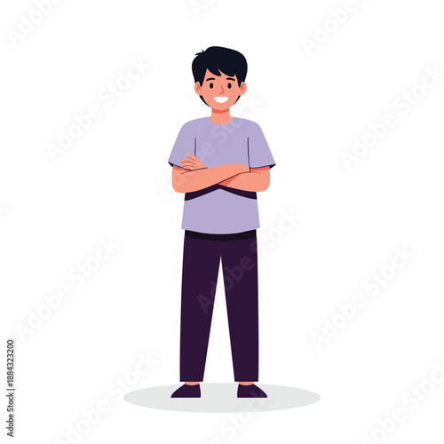 Confident young man standing with arms crossed against white background