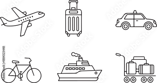 Transportation Icons: Airplane, Suitcase, Car, Bike, Ship, Luggage Cart Isolated on white background