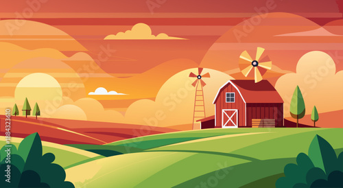 Farm Landscape Vector Illustration with Barn and Windmill