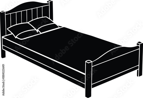 Bedroom Bed Vector, Simple black silhouette icon of a sleeping bed with pillows and mattress.