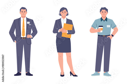 Business Professionals Standing in Formal Attire with Office Supplies and Coffee
