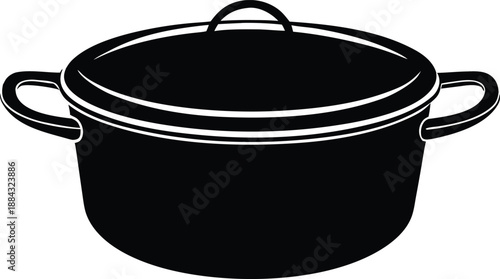 Black Cooking Pot with Lid and Handles, Kitchen Stockpot Silhouette Vector, Culinary Cookware Equipment