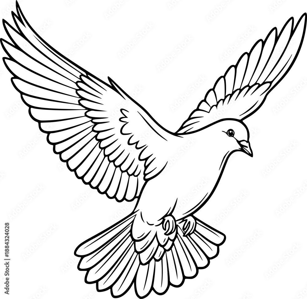 Obraz premium White dove silhouette with outstretched wings for peace symbol and flying bird freedom concept – Black and White Vector Illustration
