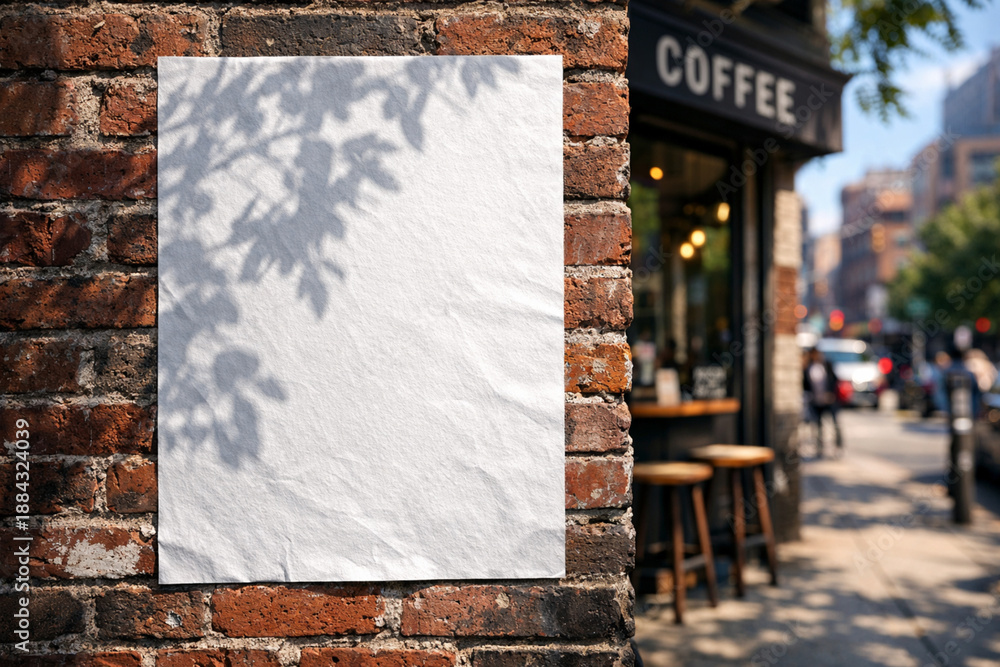 Fototapeta premium Blank white poster mockup glued to a weathered brick wall on a sunny urban street with tree shadows
