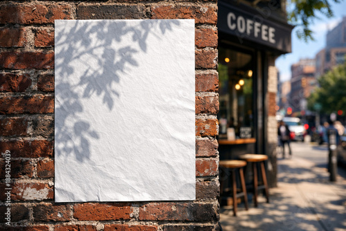 Blank white poster mockup glued to a weathered brick wall on a sunny urban street with tree shadows