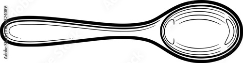 Minimalist wooden spoon line art featuring long handle and bowl contour for kitchenware and household cutlery design – Black Vector Illustration