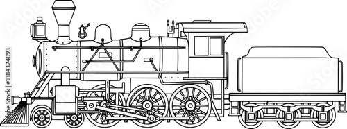 Classic steam train line art featuring retro locomotive wheels and coal cabin for antique railway journey – Black Vector Illustration