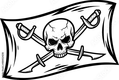 Pirate flag line art featuring skull and crossed sabers for historical maritime threat and adventure design element – Black Vector Illustration