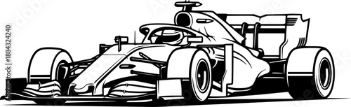 Modern formula race car line art featuring streamlined body and cockpit for fast track motion and professional sport transportation – Black Vector Illustration