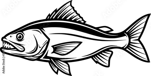 Predator fish line art featuring dorsal fin and sleek scales for angling trophy and minimalist nature illustration – Black Vector Illustration