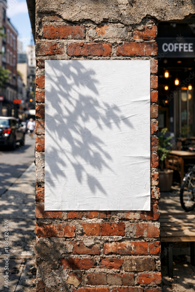Fototapeta premium Blank white poster mockup glued to a weathered brick wall on a sunny urban street with tree shadows