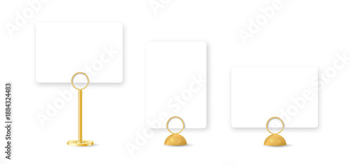 Table stand with metal clip holding blank card for business display. Realistic mockup for restaurant sign, office memo, or desktop message template. Vector
