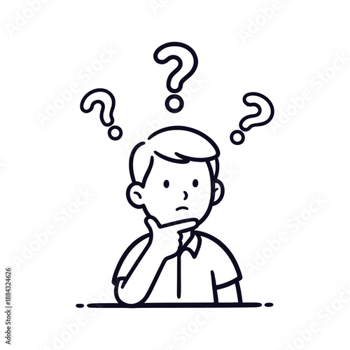 Puzzled individual seeking answers, mind filled with many unanswered questions