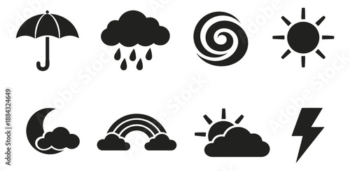 Weather icon set featuring an umbrella, sun, moon, rain, rainbow, and lightning for forecasting and conditions