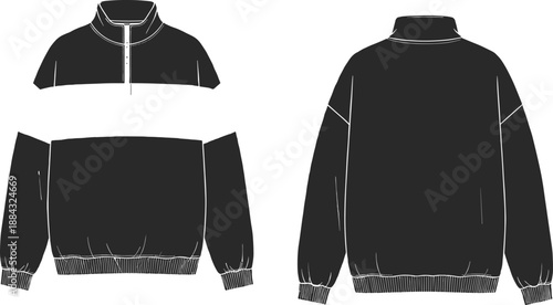 Black and White Colorblock Quarter-Zip Fleece Pullover Technical Sketch with Drop Shoulders and Ribbed Trim for Fashion Design and Tech Pack