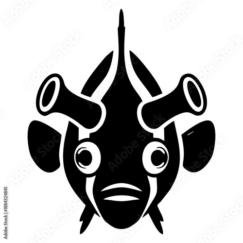 Illustration of a stylized fish with prominent eyes and fins viewed from the front
