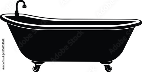 Clawfoot Bathtub Icon, Freestanding Vintage Bathtub Silhouette with Faucet Vector Graphic