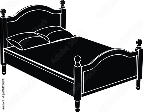 Classic Wooden Bed with Pillows, Traditional Bedroom Furniture Icon with Headboard and Footboard