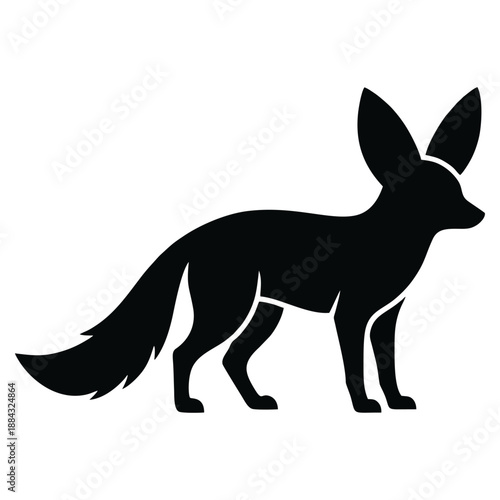 A black silhouette of a fox standing alone in a minimalist environment viewed from the side