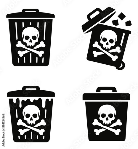 Solid icon waste bin set featuring skull and crossbones symbols for hazardous waste disposal