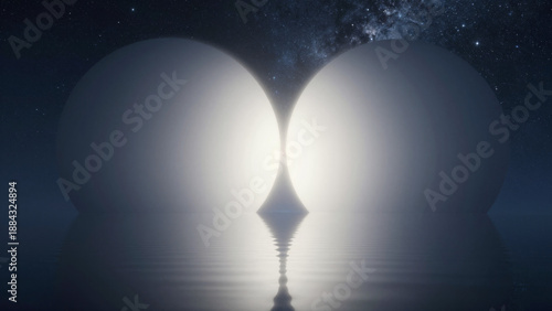 Two luminous cosmic spheres reflect on a serene dark surface under a starlit night sky, creating an ethereal and mesmerizing abstract light phenomenon