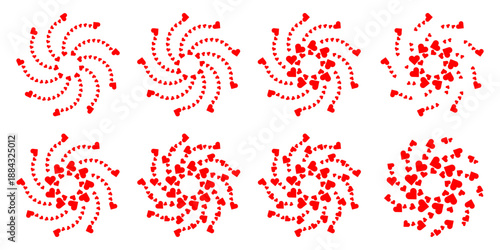 Red heart spiral and swirl element set, decorative love symbols for valentine and wedding design