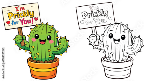 Adorable cartoon cactus figure clutching I am Prickly for You sign vector art collection with colored and black-and-white outline variants for Valentine's Day cards or coloring books