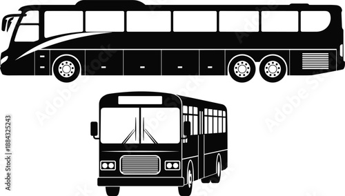 Black and White Vector Silhouette Illustration of Modern Luxury Tour Bus Side View and Classic City Transit Bus Front View