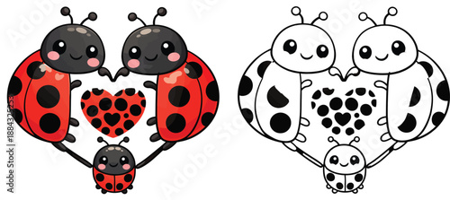 A heart-shaped cartoon ladybug family Colored and black-and-white outline versions of a vector illustration set for a coloring book page Nursery décor or Valentine's Day design