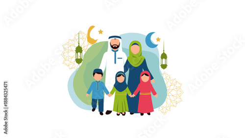 Happy Muslim Family Celebrating Islamic Holidays with Cultural Decorations