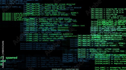 Chaotic green code, system logs, and error messages fill the screen, creating a visual of data breaches, system failures, glitches, and cyber intrusion in a high-pressure digital environment.