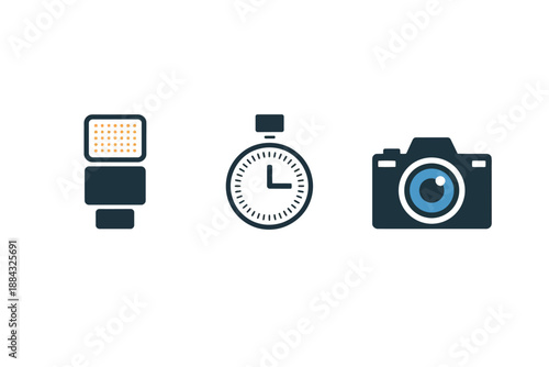 Flat design icons of light source, stopwatch, and camera on white background