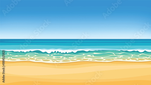 Minimalist Tropical Beach with Ocean Waves and Blue Sky