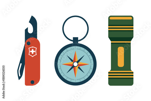 Outdoor Adventure Tools and Equipment Icons Set