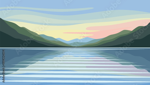 Minimalist Mountain Lake Landscape with Calm Water Reflection